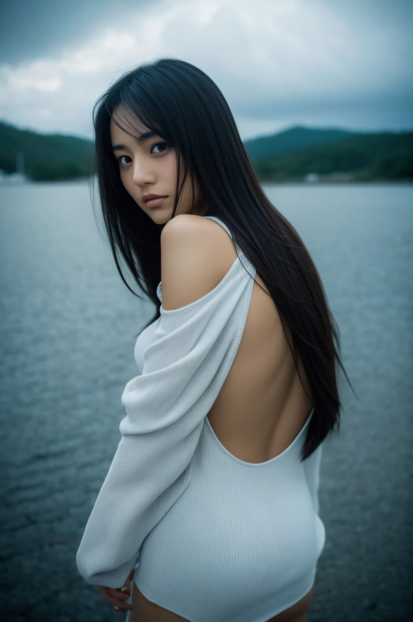 1girl in,Very beautiful 30 year old Japan woman、beautidful eyes、cleavage of the breast、the wind、cloudy ash sky、It's raining a little、Body like a model、The shirt、T back、open one's legs、high-level image quality、Top image quality、Looking at the camera、Focus on the eyes、Waterfront、Norinobu Shinoyama