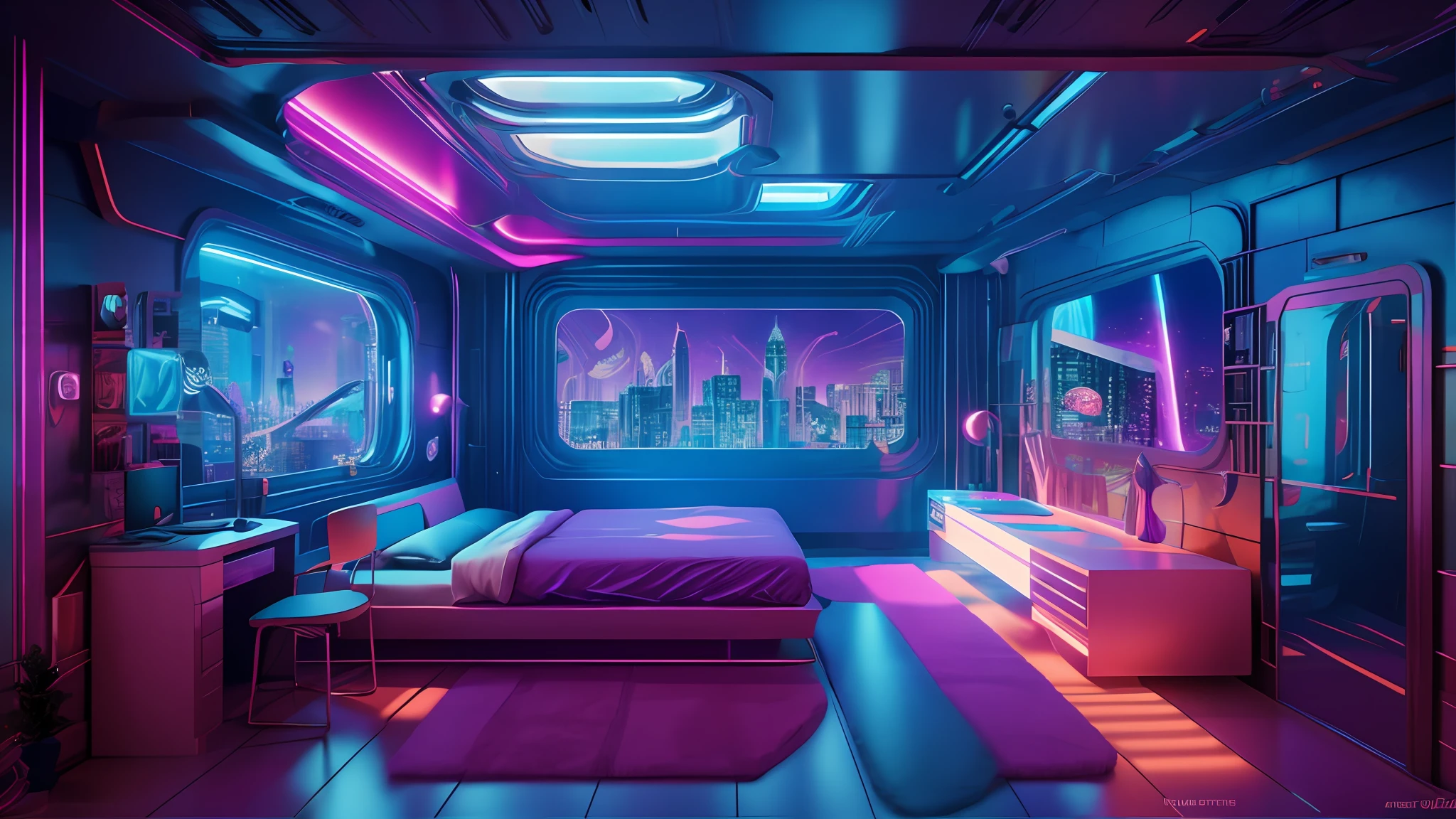 ((masterpiece)), (ultra-detailed), (intricate details), (high resolution CGI artwork 8k), Create an image of a woman's bedroom with low lighting. One of the walls should feature a big window with a busy, colorful, and detailed cyberpunk cityscape. Futuristic style with lots of colors and LED lights. The cityscape should be extremely detailed with depth of field. Utilize atmospheric lighting to create depth and evoke the feel of a busy futuristic city outside the window. Pay close attention to face details like intricate, hires eyes and bedroom accents.