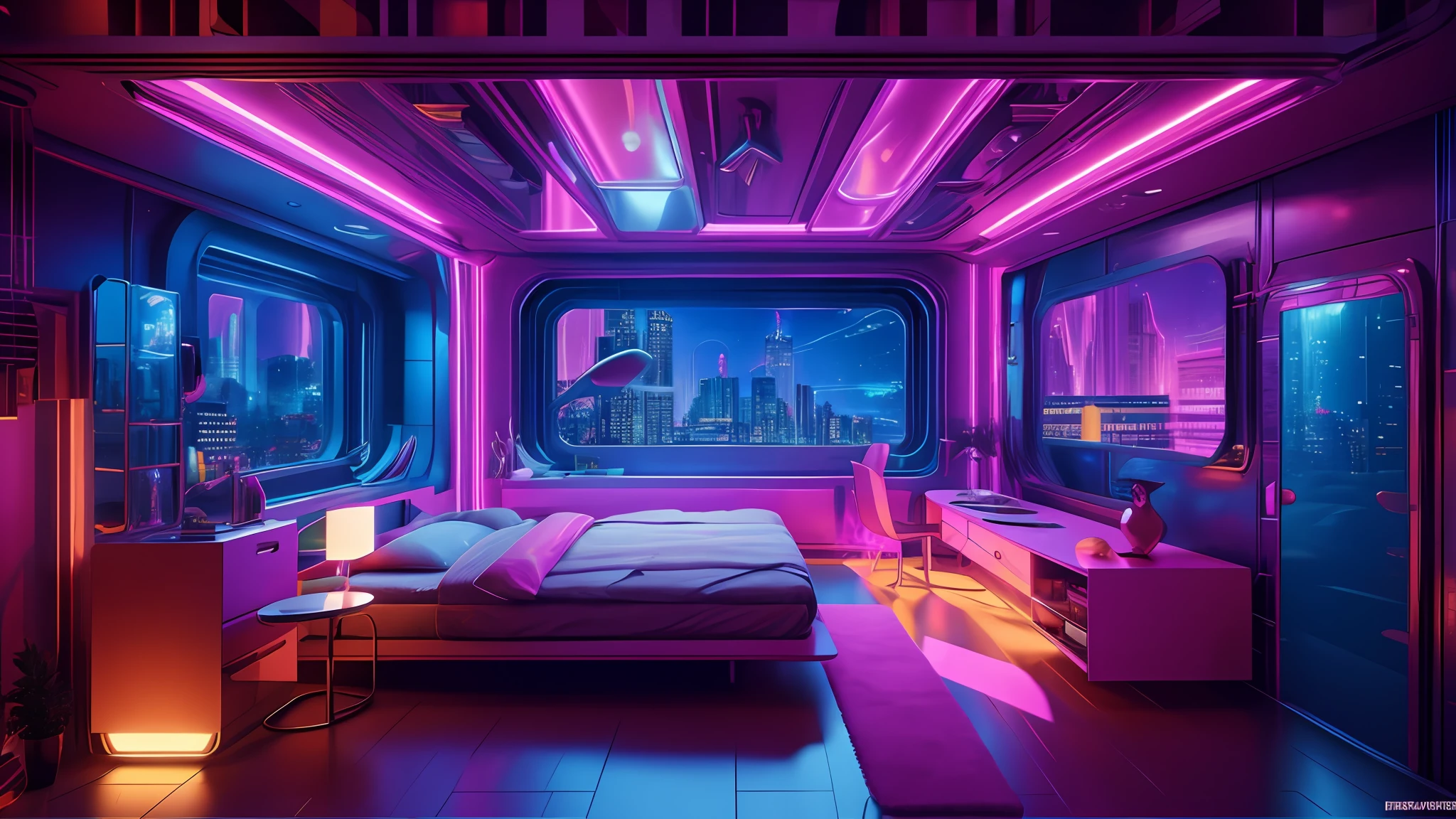 ((masterpiece)), (ultra-detailed), (intricate details), (high resolution CGI artwork 8k), Create an image of a woman's bedroom with low lighting. One of the walls should feature a big window with a busy, colorful, and detailed cyberpunk cityscape. Futuristic style with lots of colors and LED lights. The cityscape should be extremely detailed with depth of field. Utilize atmospheric lighting to create depth and evoke the feel of a busy futuristic city outside the window. Pay close attention to face details like intricate, hires eyes and bedroom accents.