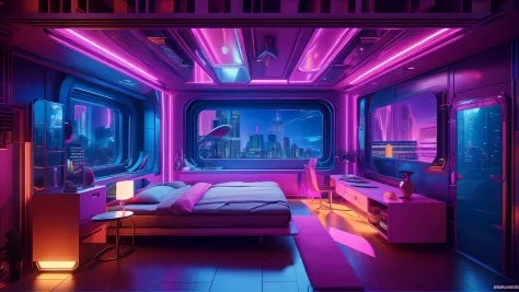 ((masterpiece)), (ultra-detailed), (intricate details), (high resolution CGI artwork 8k), Create an image of a woman's bedroom with low lighting. One of the walls should feature a big window with a busy, colorful, and detailed cyberpunk cityscape. Futurist...