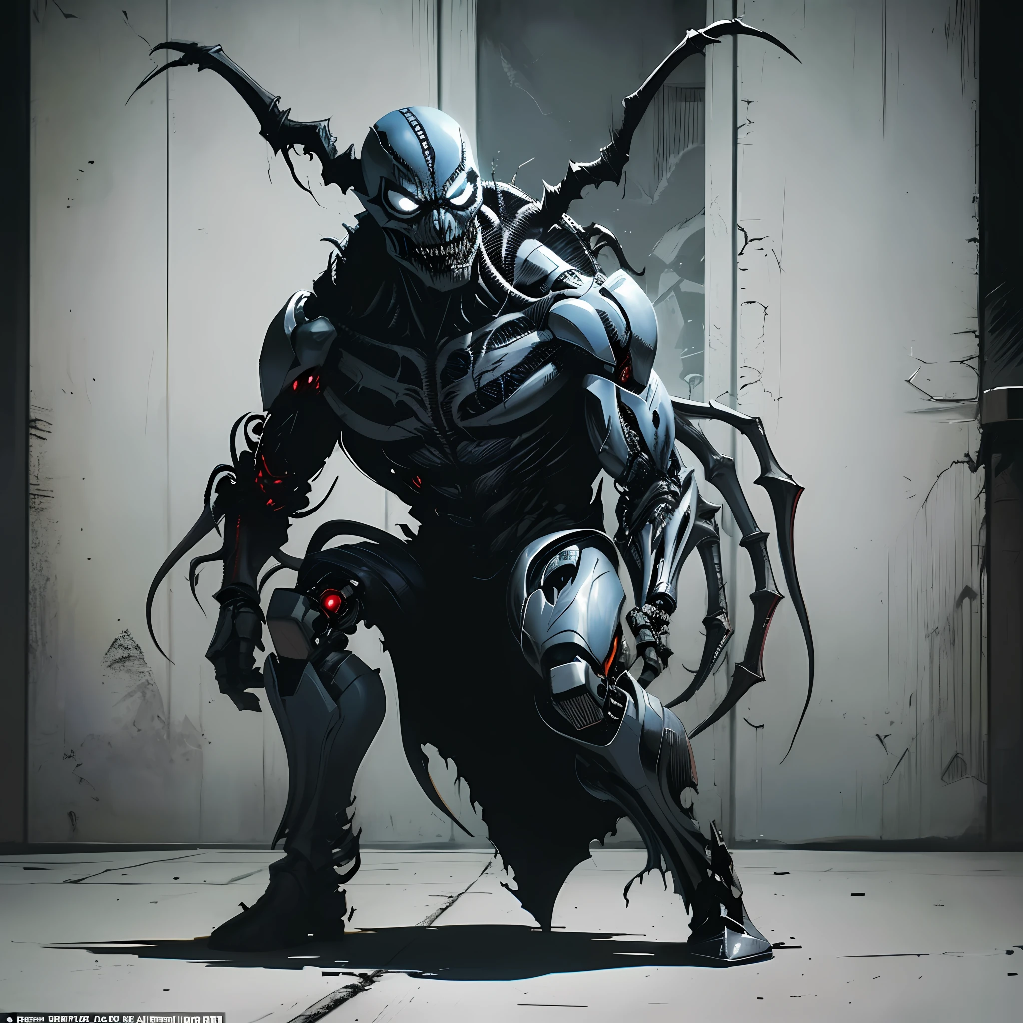 Finster aussehender Cyborg-Dämonenbrut, infiziert mit Venom-Symbiont, inspiriert von Todd McFarlanes Kunstwerk, fängt die dunkle und düstere Atmosphäre von Image Comics und DC Comics ein. Actiongeladene Aufnahme auf einem Schlachtfeld, Darstellung einer furchterregenden und bösartigen Präsenz. Vollständiges Rendern eines einzelnen Charakters, Meisterwerk