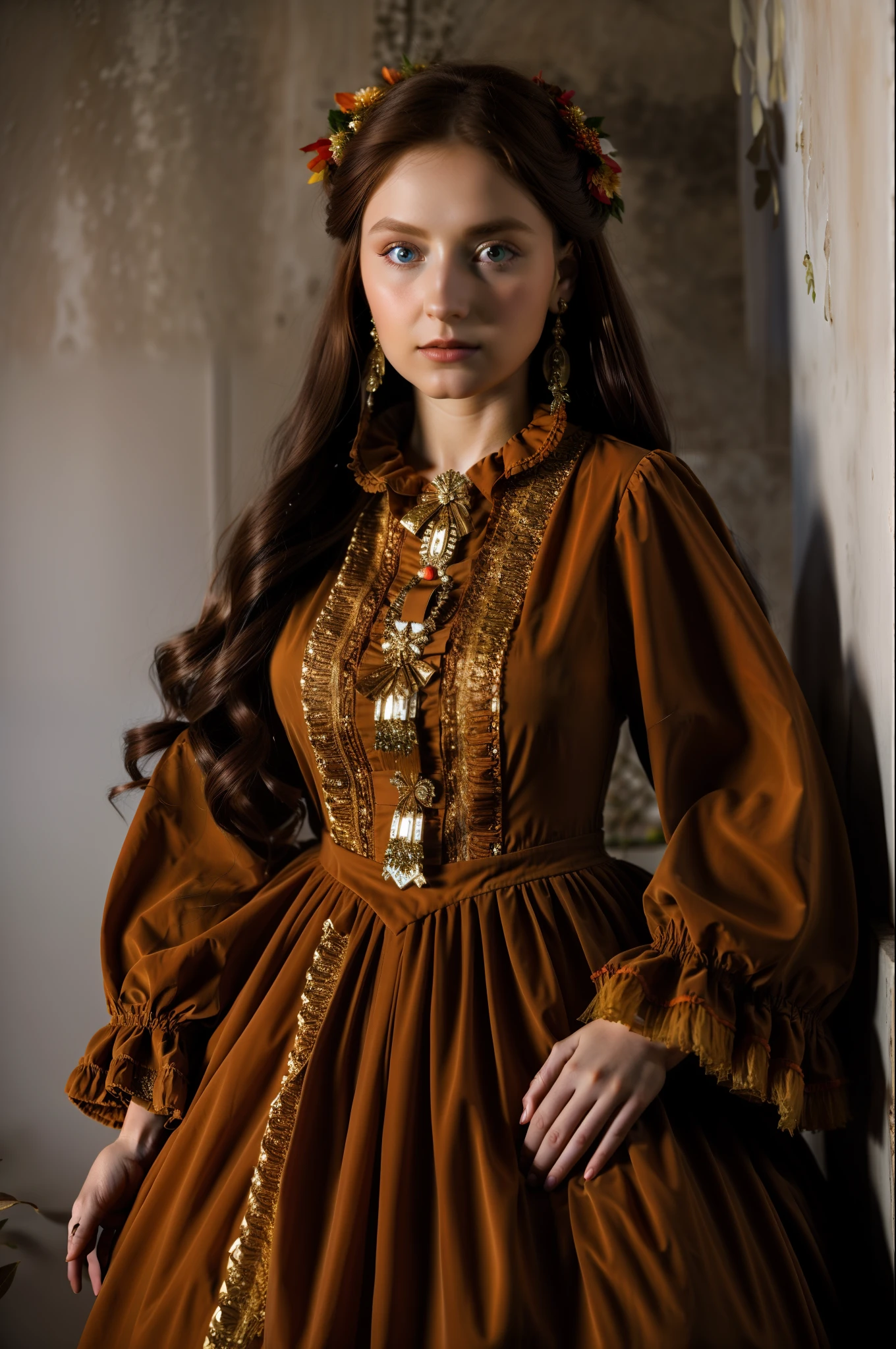 photorealistic, concept art, absurdres, best quality, digital photography, a portrait of a beautiful woman, leaning against a wall, goddess, wearing glowingrunes_red puffy long sleeves, cowboy shot, extremely detailed, soft lighting, luscious, doll, peach eyes, dark red hair, sidelocks, from below, bioluminescent background, in a magical forest,