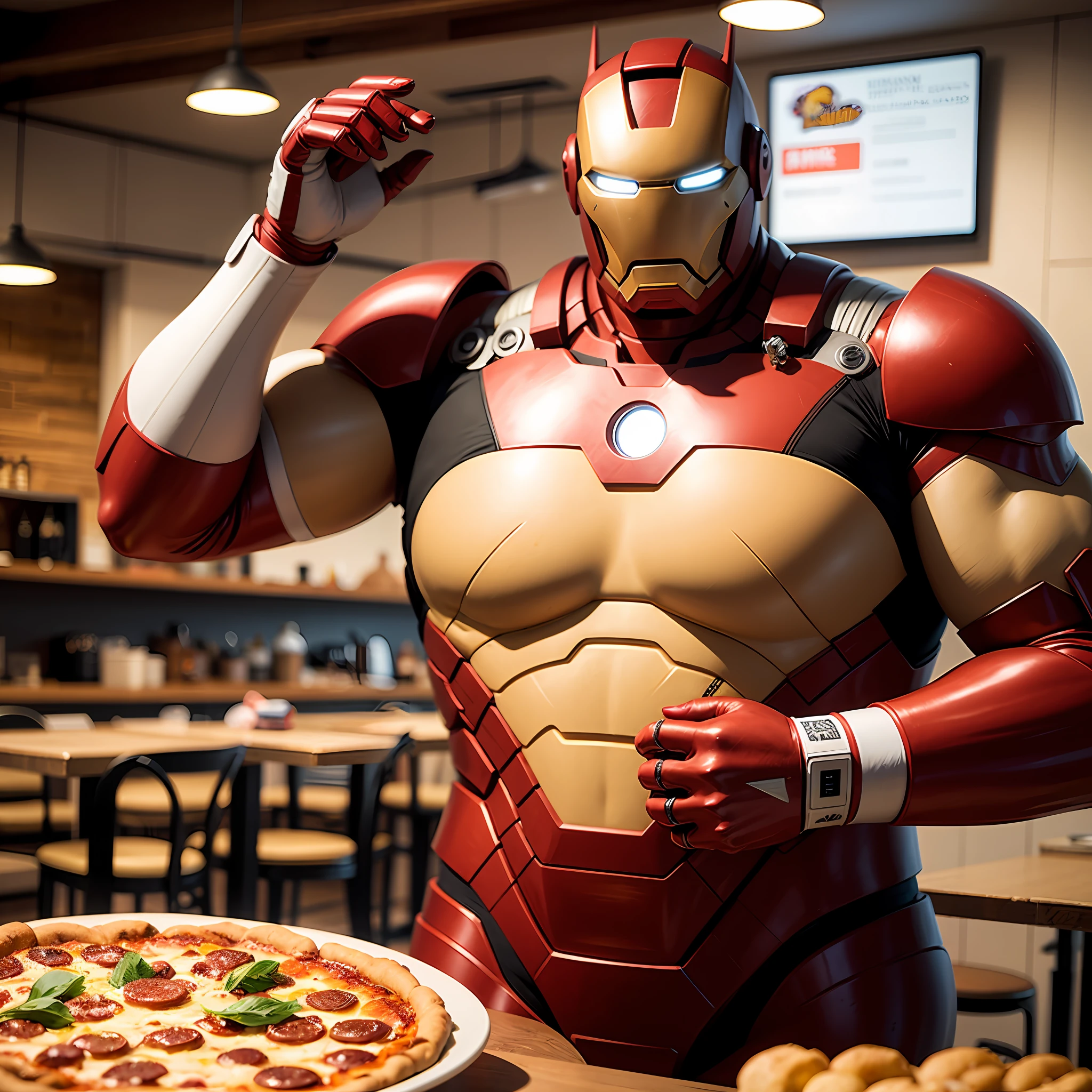 Super dicker Iron Man, in einer Pizzeria,