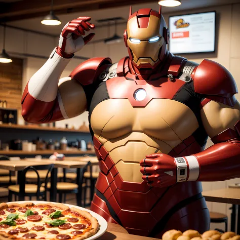 Super gordo Ironman, in a pizzeria,