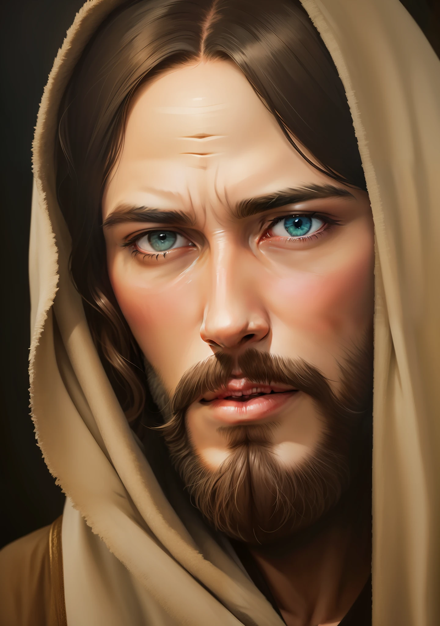 Homem vestido como Jesus Cristo, face de Jesus Cristo, olhar meigo, image with very high quality and resolution, image with cinema lighting