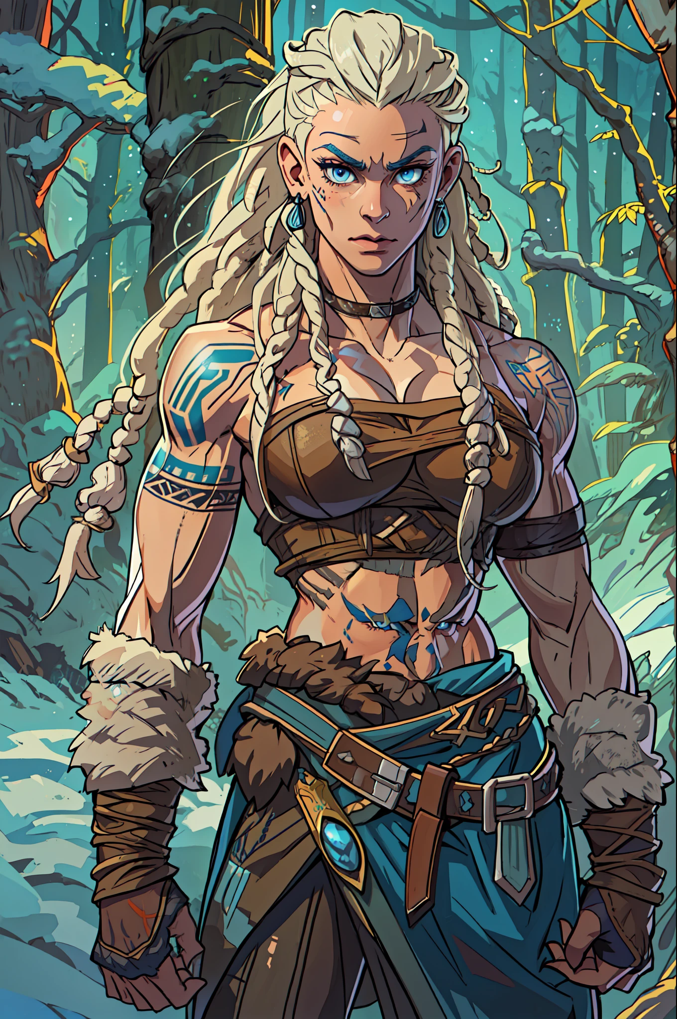 Female viking, (young:1.2), (muscular:1.2), fit, wearing brown furs and hides, (blue norse tattoos:1.2), blue eyes, platinum blonde hair, (Dreadlocks:1.4), (Dreads:1.4), (Sideshave:1.4), warrior hair. Setting is a Scandinavian forest in winter, bare arms, exposed naval, (abs:1.2). Highly detailed, norse, berserker, arm muscles, leg muscles, (bulky:1.2), leather straps, (large breasts:1.3), waist up