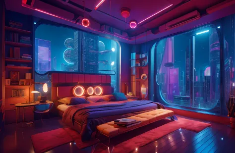 ((masterpiece)), (((ultra-detailed:1.3))), (intricate details), (high resolution CGI artwork 8k), Create an image of a woman's bedroom with low lighting. One of the walls should feature a big window with a busy, colorful, and detailed cyberpunk cityscape. ...