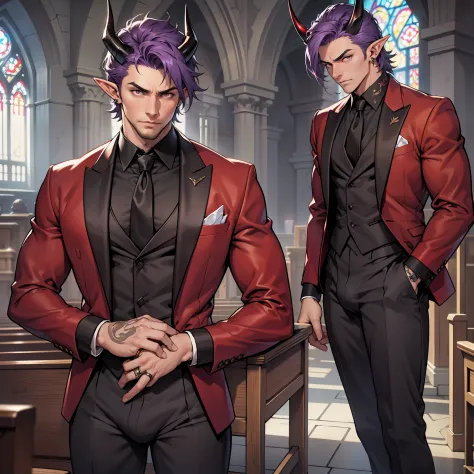 Handsome male, purple hair, short hair, detailed body, detailed hands, horns, expressionless, arrogant expression, red eyes, rom...