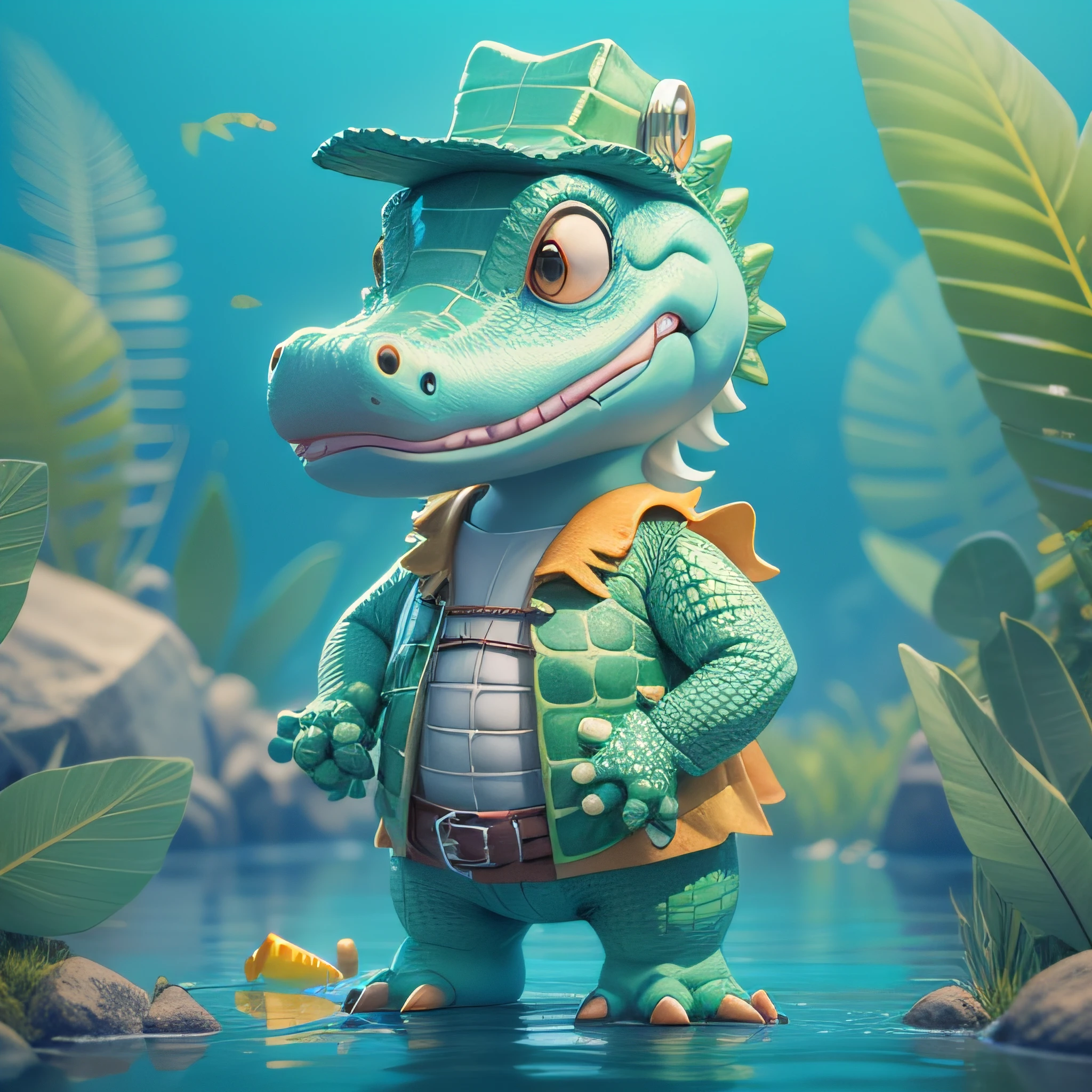 高度详细的 3D 渲染可爱的鳄鱼与鱼人服装, 儿童卡通风格, 高细节纹理, 柔软光滑的质地, 背景中的浅绿色河流颜色渐变.