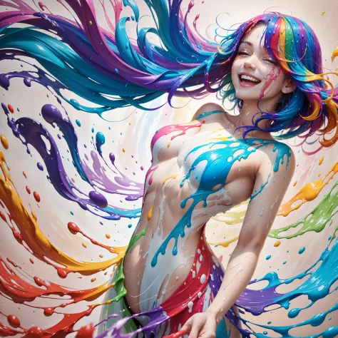 a woman joyfully twirling in the raining paint, paint raining, thick paint rainbow hair, body covered with paint, joyful, ((sfw)), calm facial expression, relaxed, gentle smile, (clothes made of liquid paint)), front view, ((small breasts, relaxed face, re...