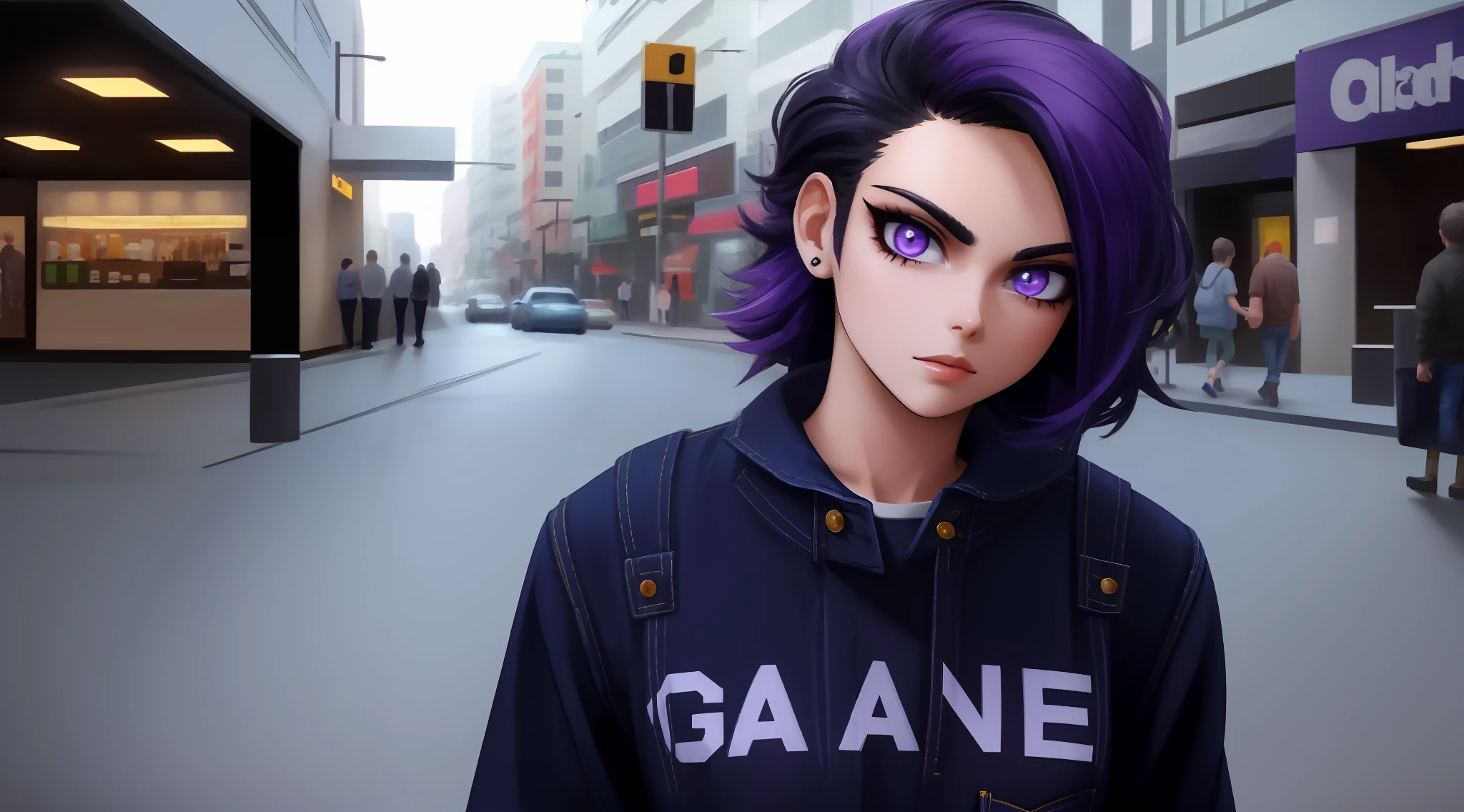 Em uma (((Cidade noturna))) um garoto lobo de olhos azuis claro, black gradient hair+roxo, rosto definido, moletom de capuz azul, moletom largo, moletom detalhado, unhas afiadas, unhas black, black jeans, Uplighting, pernas musculoso, hd