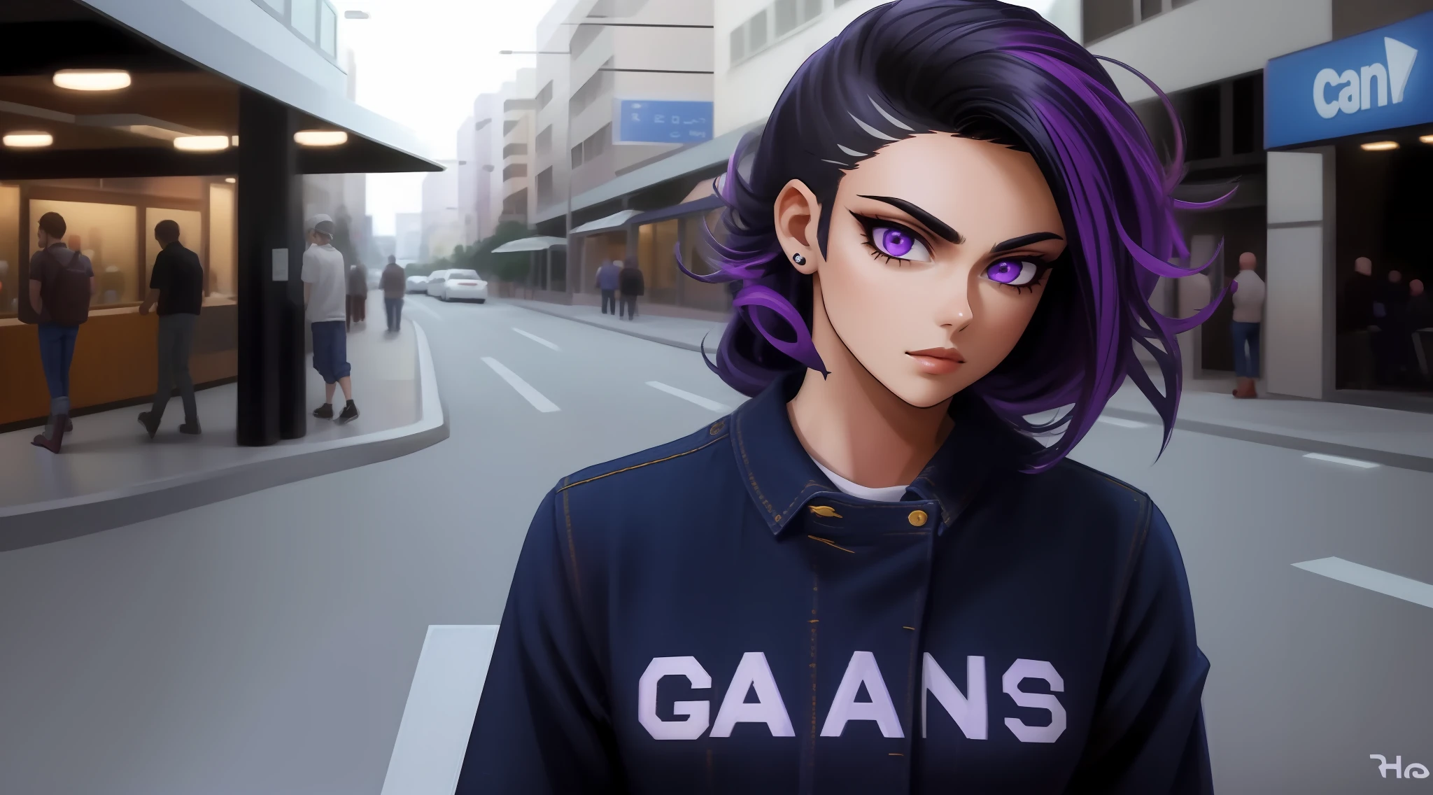 Em uma (((Cidade noturna))) um garoto lobo de olhos azuis claro, black gradient hair+roxo, rosto definido, moletom de capuz azul, moletom largo, moletom detalhado, unhas afiadas, unhas black, black jeans, Uplighting, pernas musculoso, hd