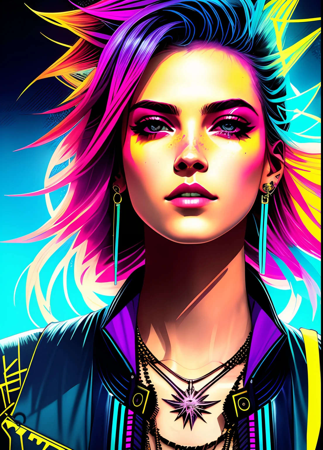 Swpunk-Punkrock-Superstar im Synthwave-Stil, die schönste Frau der Welt, Vertrauen, Tanzen. Singen, in einer Disco, von Agnes Cecile, helles Design, Kerne Neon, Farbe tropft, Cyberpunk-Nachtstadt