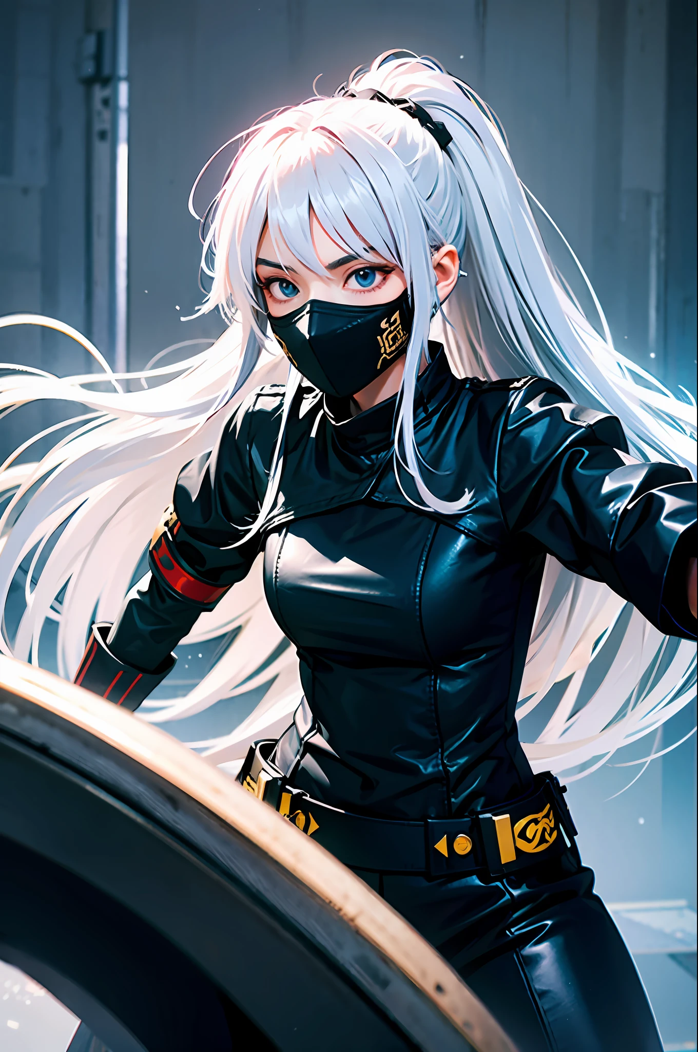 Eine junge Frau mit langen weißen Haaren in einer Kampfhaltung, trägt Kriegerkleidung, mit durchdringendem Blick, traurig, komplett schwarze Kleidung, mit einer Maske