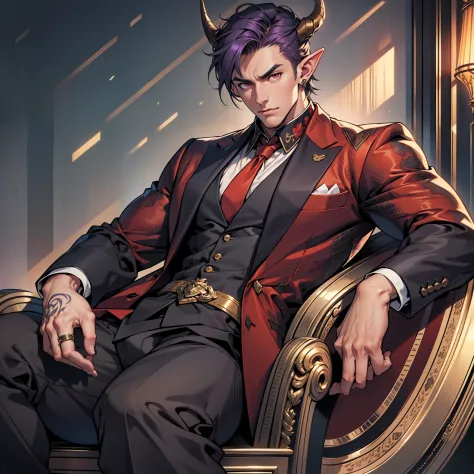Handsome male, purple hair, short hair, detailed body, detailed hands, horns, expressionless, arrogant expression, red eyes, rom...