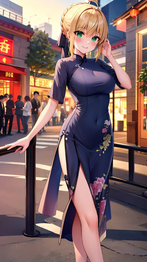 masterpiece, best quality, highres, ccsaber, blonde hair, green eyes, ahoge, chinese dress, qipao, stocking, china street, china...