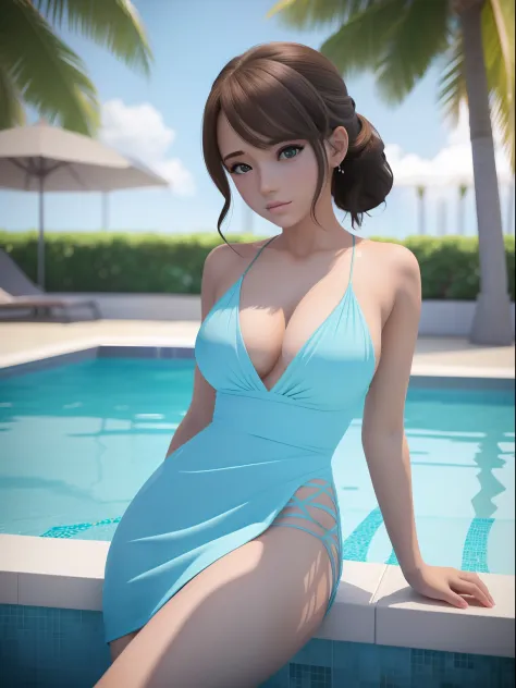 um close up de uma mulher em um vestido branco perto de uma piscina, Retrato sedutor ,arte cg anime suave, 3 d anime realista, Estilo anime 3D realista, photorealistic anime girl rendering, 8K Artgerm Bokeh, anime fotorrealista