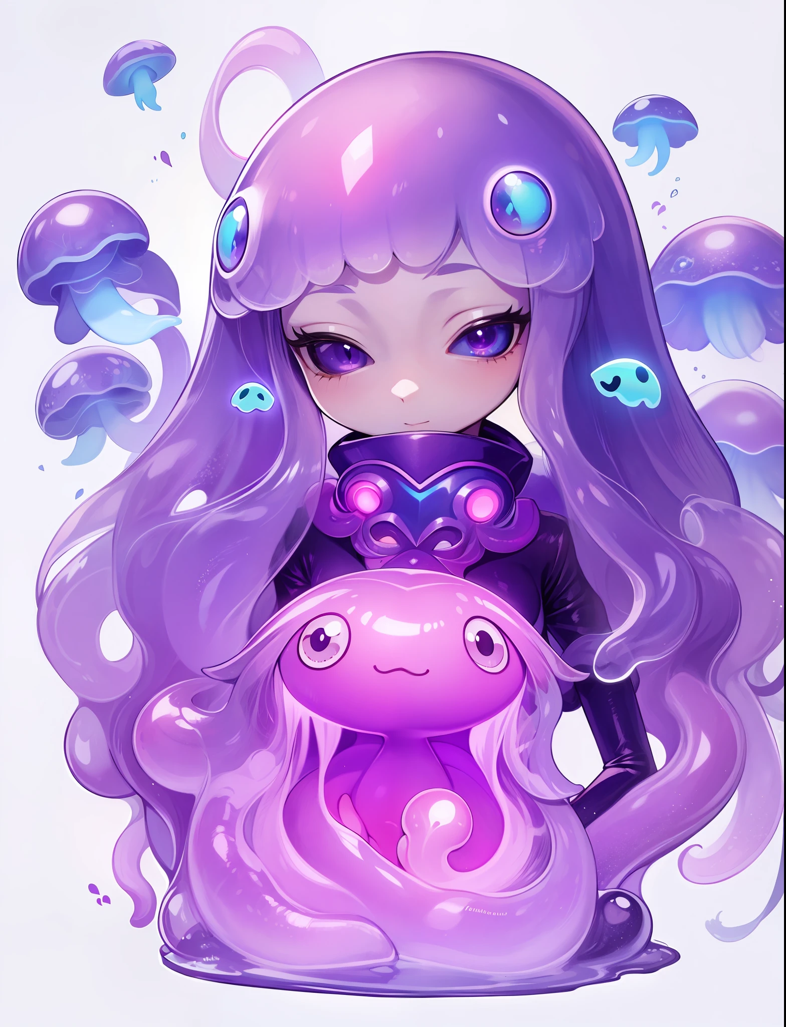 Clione and jellyfish are fused with a girl. slime body. The whole body is translucent like jelly. Body line like wearing a dress. overly long sleeves. Tentacles protrude from the sleeves. feminine mouth. Her face is covered in a heart-shaped slime mask that completely hides her eyes, but instead has glowing crystals. Her chest glows.