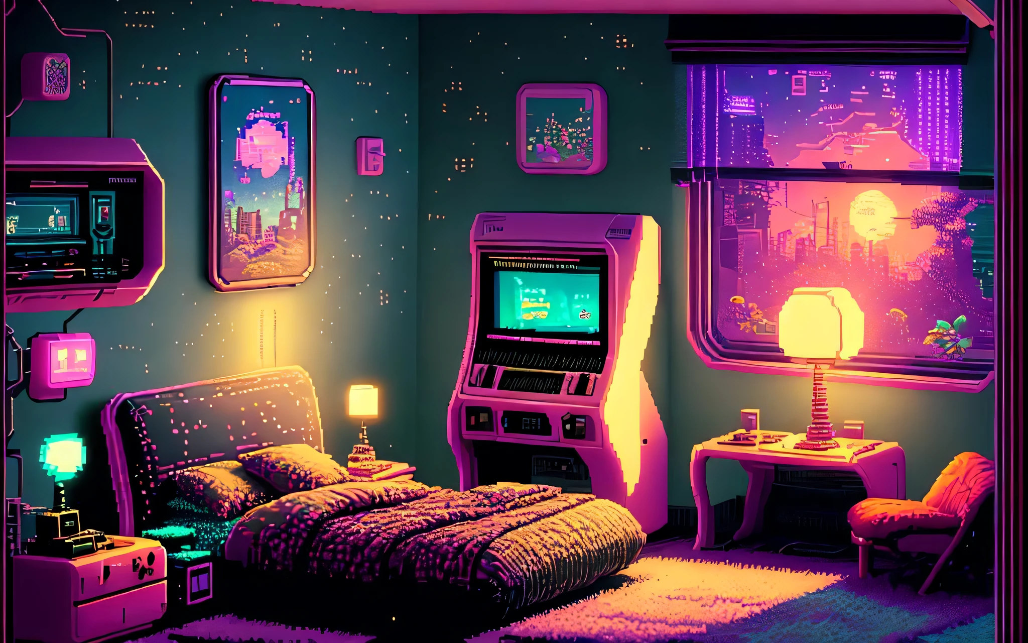 photo of a cozy upscale Atari-64 neo-gameboy futurism bedroom