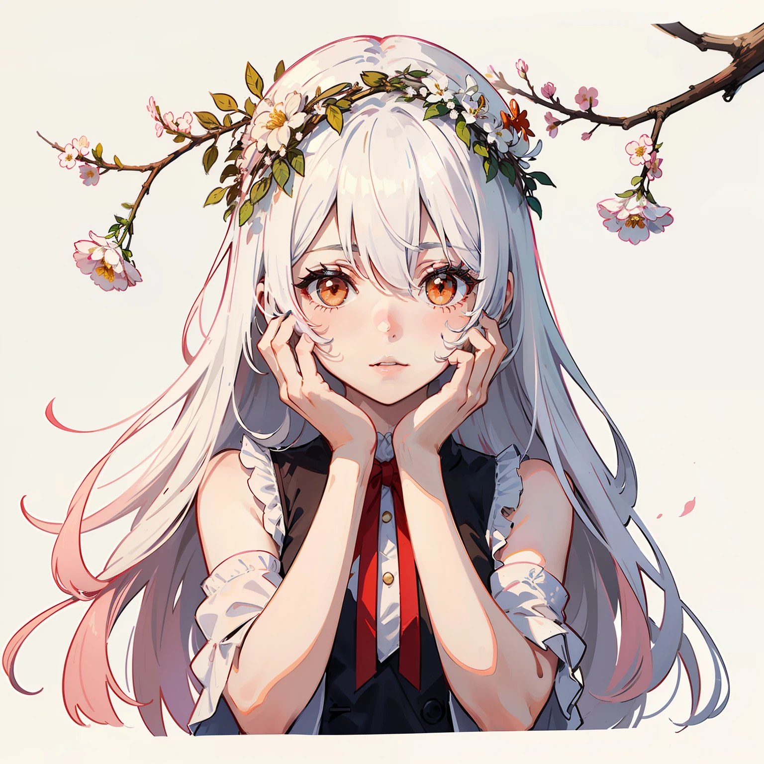 (1girl:1.2), (white hair:1.2), long hair, white eyes, light pink hair ornament, long bangs, hair between eyes, portrait,
white and pink dress, outline,
(hands on own face:1.2)
(white background:1.3), (Brownish red branches full of small white flowers:1.25), (Abelia:1.25), (upper body:1.3), (A splash of colored paint1.15), Movie poster,