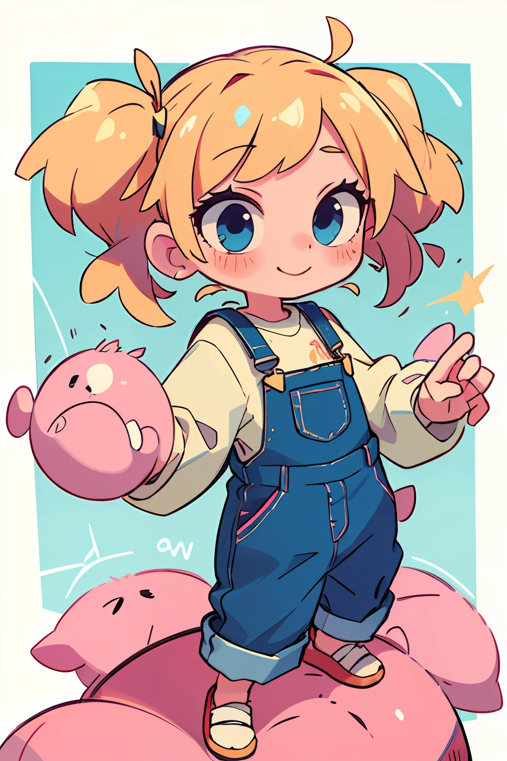 masterpiece, beautiful, 4k, detailed, intricate details, , , overalls, jean overalls, long sleeve shirt, white long sleeve shirt, overalls over shirt, cuffed overalls, blonde hair, long blonde pigtails, hair ballies, pink hair tie balls, long flowing pigtails, soft blue eyes, soft smile, slight smile, hands back, standing on the balls of her feet, 1girl, rocking