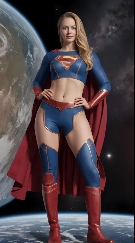 (((Towering over you))), face,supergirl Beautiful woman (20 years old, long blonde hair, blue eyes) defined body, detailed, using tube dress cosplay supergirl suite, smirking, standing on a planet in space with her full body in view, cosmic background, fur...