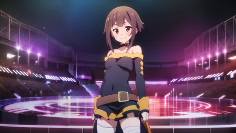 megumin, standing, looking at viewer, (no headwear), brown hair, short hair, red eyes, blush, black choker, blue and yellow dres...