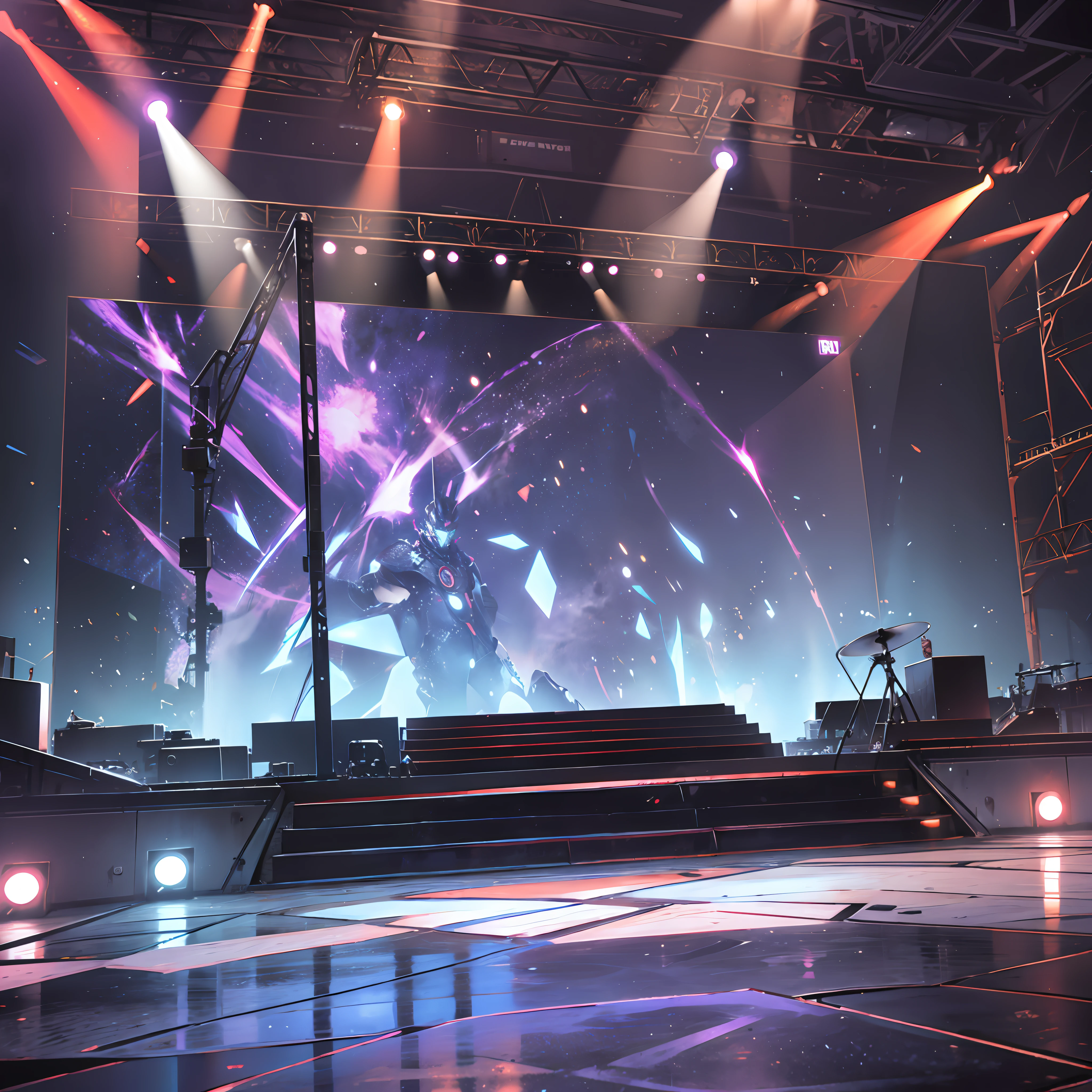 Um palco retangular com 60 cm de altura, um comprimento de 3000 cm, e uma largura de 1000cm, uma grande tela LED curva com altura de 600 cm e comprimento de 20 cm, o fundo do palco e todo o público com luzes e holofotes LED tingidos, e 100 sofás sob o palco --auto --s2