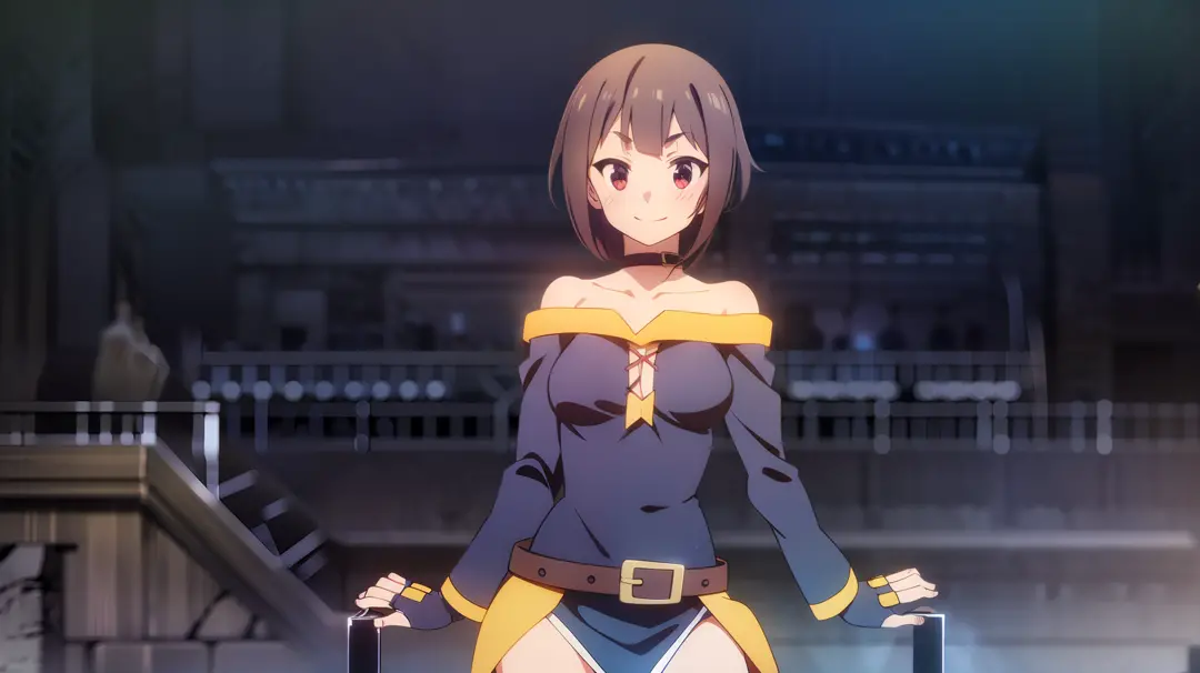 megumin, standing, looking at viewer, (no headwear), brown hair, short hair, red eyes, blush, black choker, blue and yellow dres...