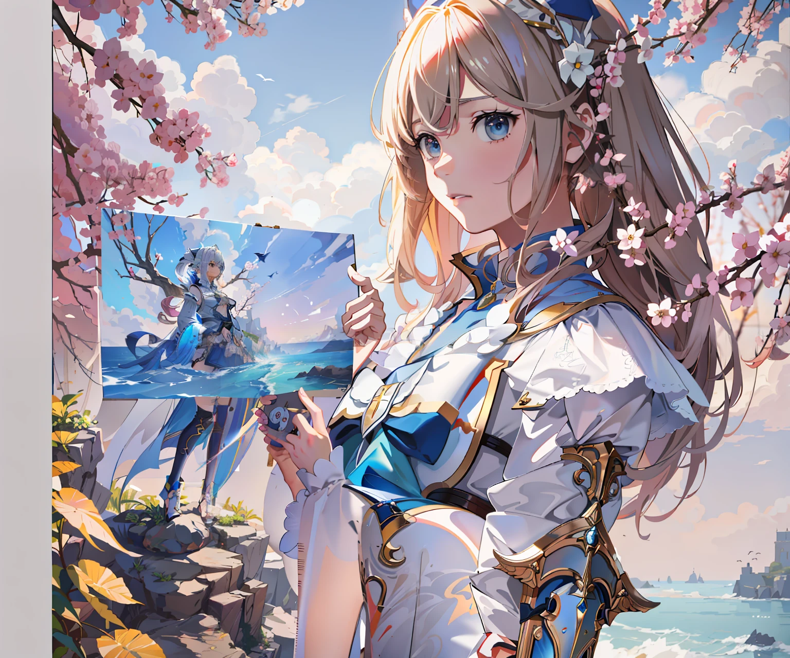 Anime girl holding a painting of a blue bird and a man, cushart krenz arte chave feminina, anime fantasy illustration, arte de fantasia de anime, granblue fantasia, arte de anime digital detalhada, anime de fantasia bonito, 2. 5 d cgi anime fantasia arte, arte chave detalhada do anime, trending on artstation pixiv, Anime Art Wallpaper 4K, arte oficial altamente detalhada