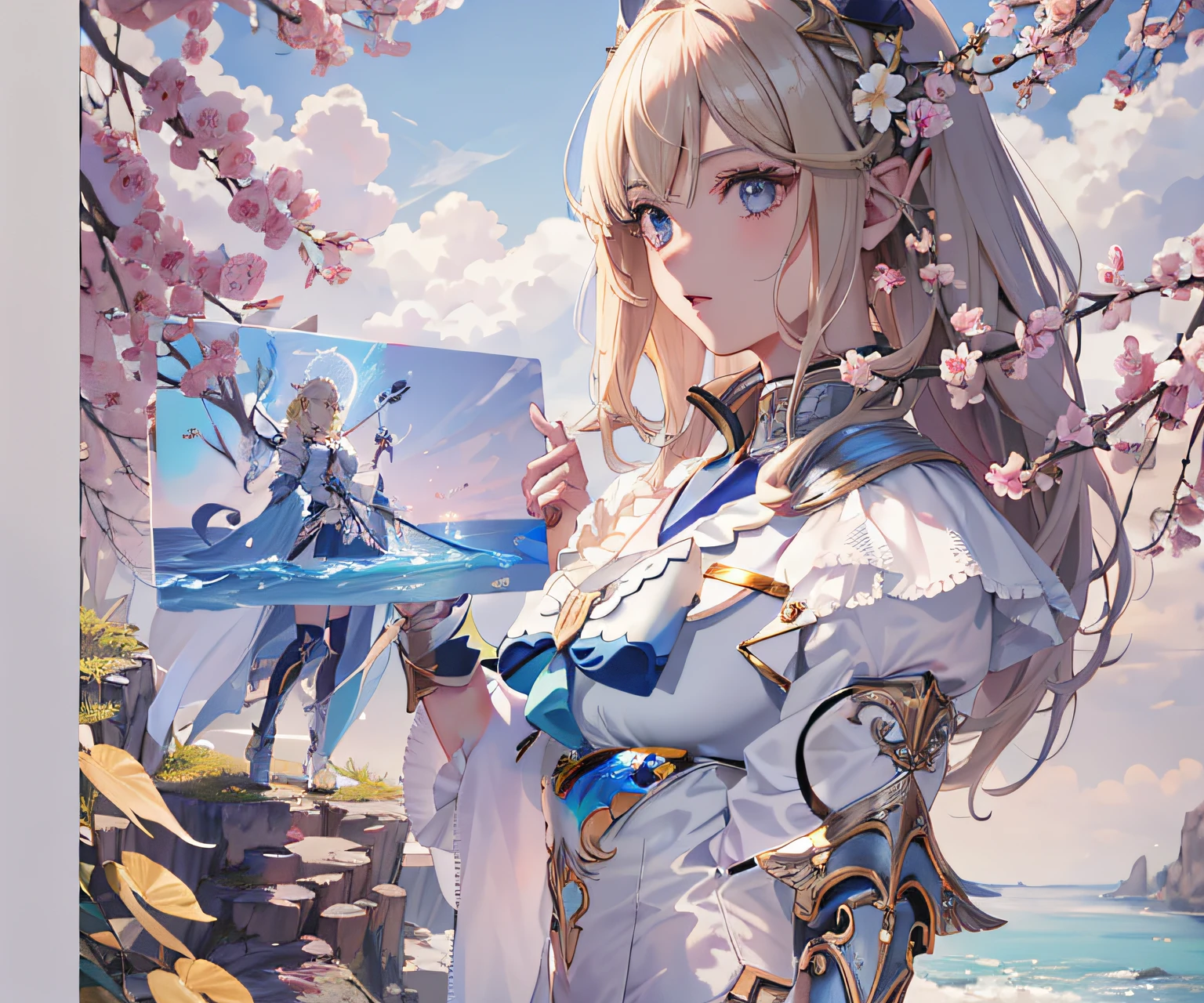 Anime girl holding a painting of a blue bird and a man, cushart krenz arte chave feminina, anime fantasy illustration, arte de fantasia de anime, granblue fantasia, arte de anime digital detalhada, anime de fantasia bonito, 2. 5 d cgi anime fantasia arte, arte chave detalhada do anime, trending on artstation pixiv, Anime Art Wallpaper 4K, arte oficial altamente detalhada