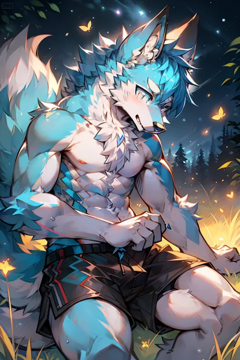 solo person，Wolf head，Wolf tail，male people，musculature，sexy
Light blue ears，Pale blue hair，White belly，Sky blue pupils，There is...