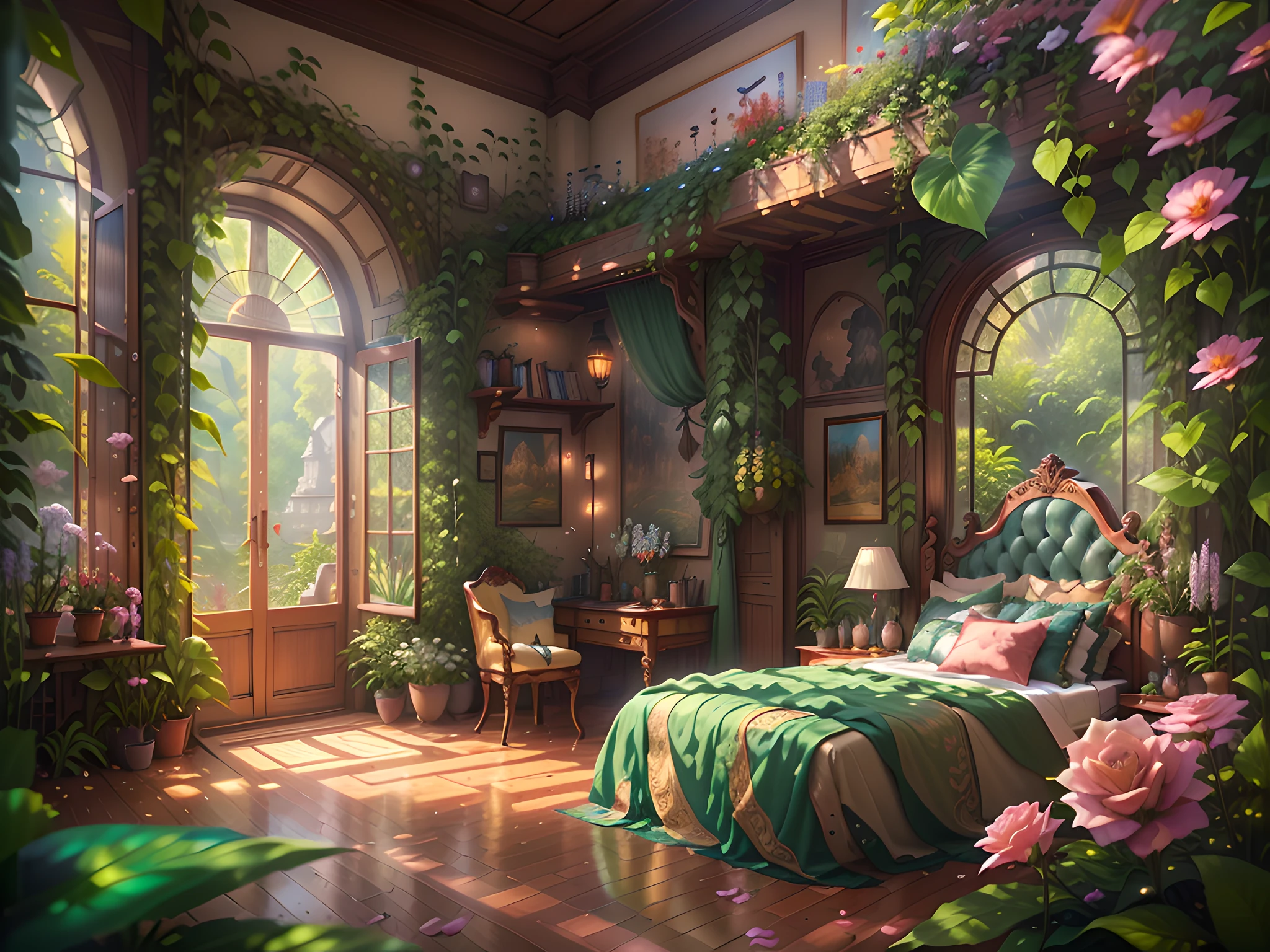 Solarpunk Dreamscape: The Royal Botanical Sanctuary | Generate an ornate botanical bedroom in the style of Versailles in a solarpunk world. There is a giant historical window in the bedroom. The giant French historical window is adorned with intricate carvings and dominates one wall. Through the massive window, a colorful and intricate solarpunk cityscape is visible. The cityscape is bustling and interesting, with many small details and high visual interest. The bedroom is peaceful, with many elegant flowers and flowered ivy among the rich silk fabric and hardwood floor. Take inspiration from rooftop gardens, royal french gardens, beautiful rose gardens, and whimsical fantasy. Include beautiful fantasy details and touches, including fantasy water, books, 3D touches, and delicate tendrils of ivy. Camera: Utilize innovative lighting techniques to emphasize the realism and beauty of the image. Delicate flower petals from floating flowers dance through the air. Utilize dynamic composition to create a compelling image. (hyperrealistic), (realism), (natural), (enchanted), (enchanting), (historical)