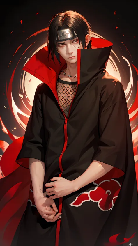 (masterpiece, best quality:1.2), red theme, solo, male focus, 1boy, uchiha itachi, expressionless, closed mouth, looking at view...