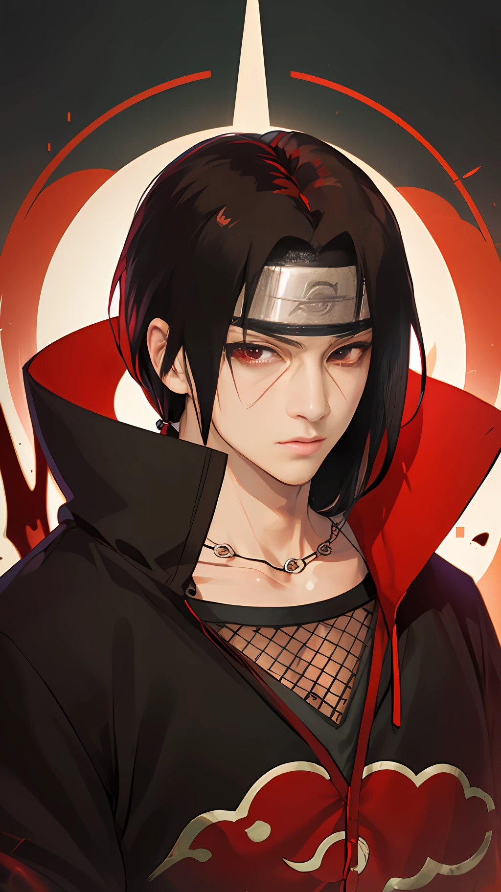 (Obra maestra, mejor calidad:1.2), tema rojo, solo, enfoque masculino, 1 chico, Uchiha Itachi, Inexpresivo, boca cerrada, mirando al espectador, protector de frente, ninjas, cloak, cuello alto, joyas, collar