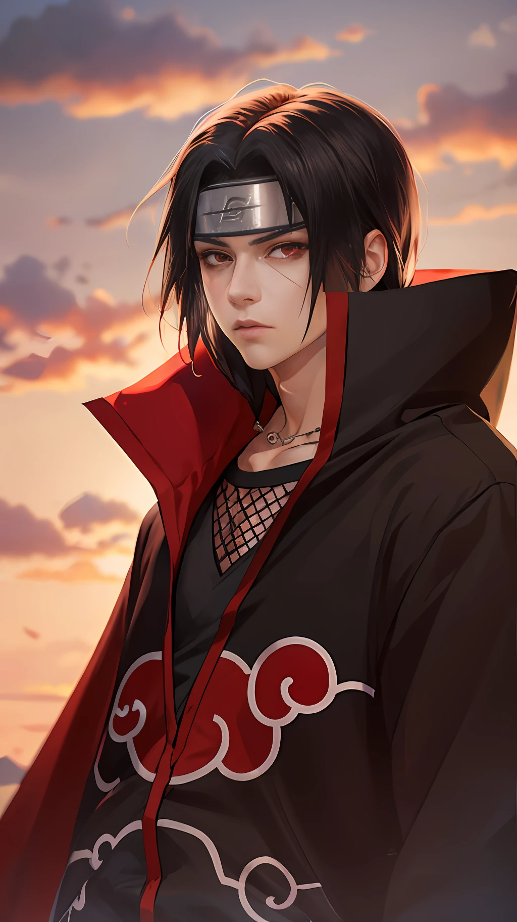 (masterpiece, best quality:1.2), red theme, solo, male focus, 1boy, uchiha itachi, expressionless, closed mouth, looking at viewer, forehead protector, ninja, cloak, high collar, jewelry, necklace