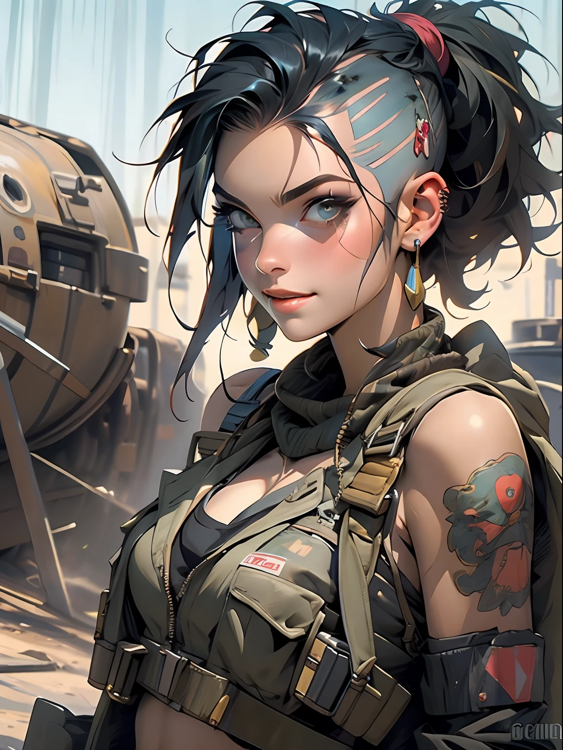 corpo inteiro, master part, best quality, super detalhe, 8k, mulher linda, Tank Girl com cara de maluca, sorriso malicioso , cabelo moicano colorido, garota punk, post-apocalyptic world, (( menina do tanque )), Nijistyle, roupas rasgadas e sujas, moicano curto, sides of shaved head, rosto limpo