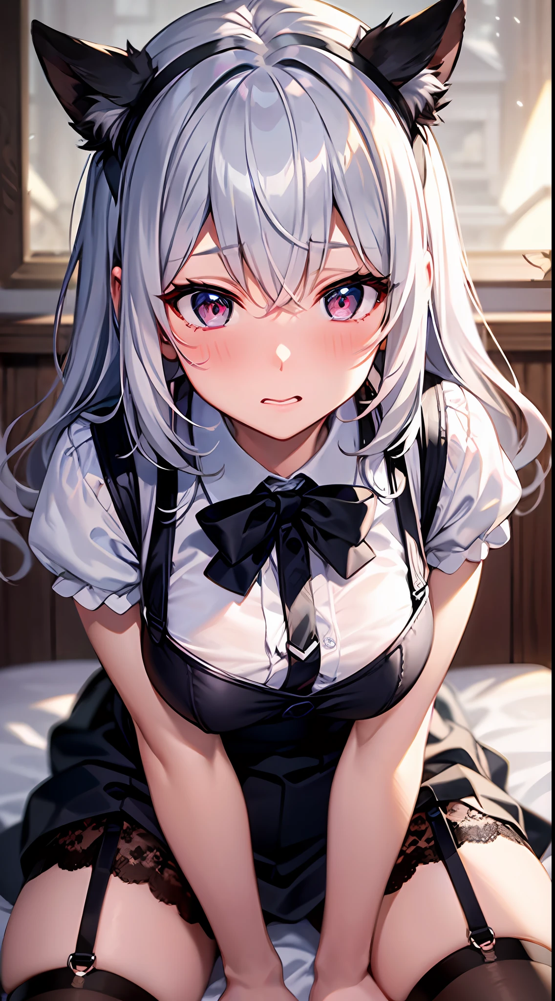 {Best Quality}, {ultra-detailliert}, {very detailed illustration}, silber hair, Aimei, embarrassed from，breastsout，red blush，Black tie，{Suspender Skirt}，suspenders，skirt by the，Casual clothing，a bed，{all-fours}，Cool，Lateral view，