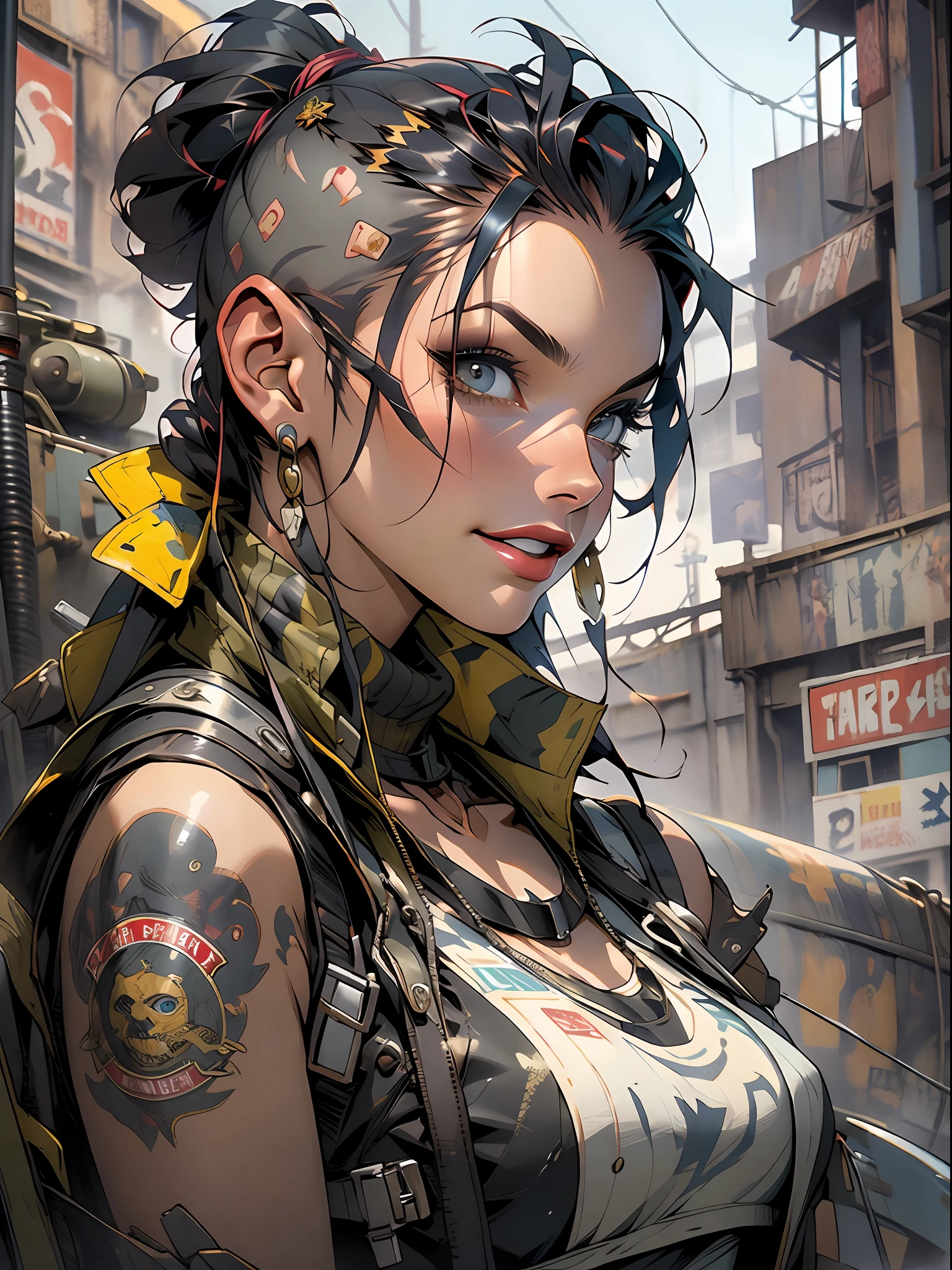 fully body, master part, best quality, super detaill, 8k, gorgeous  woman, Tank Girl com cara de maluca, malicious smile , colored mohawk hair, Punk Girl, post-apocalyptic world, ((  of the tank )), nijistyle, torn and dirty clothes, short mohawk, sides of shaved head, clean  face