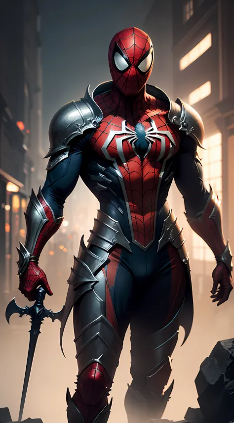 midjourny-v5 style "ANCIENT SPIDERMAN, (Best quality),(masterpiece),(ultra detailed),(high detailed),(extremely detailed),God holding a giant sword in his hands, high fantasy, cosmic, cosmic effects, big impact, 4k, dark souls, luxurious  detailed characte...