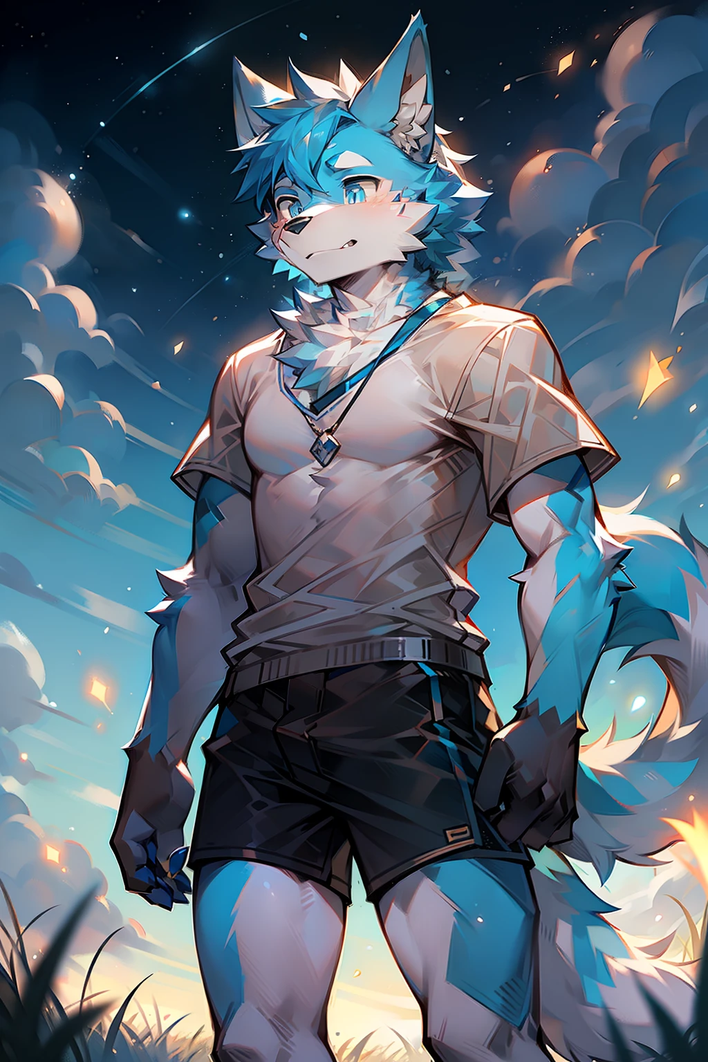 solo person，Wolf head，Wolf tail，male people，musculature，Light blue ears，Pale blue hair，Sky blue pupils，There is fur on the arms，There is fur on the legs，The whole body is covered with fur，being in the grassland，Behind it is a starry sky，Wear short sleeves and shorts，Fireflies all around，sideface