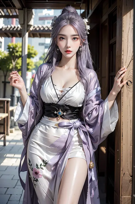 photorealistic, high resolution, 1 girl, hips up, beautiful eyes, light purple hair, intricate brocade hanfu, gorgeous accessori...