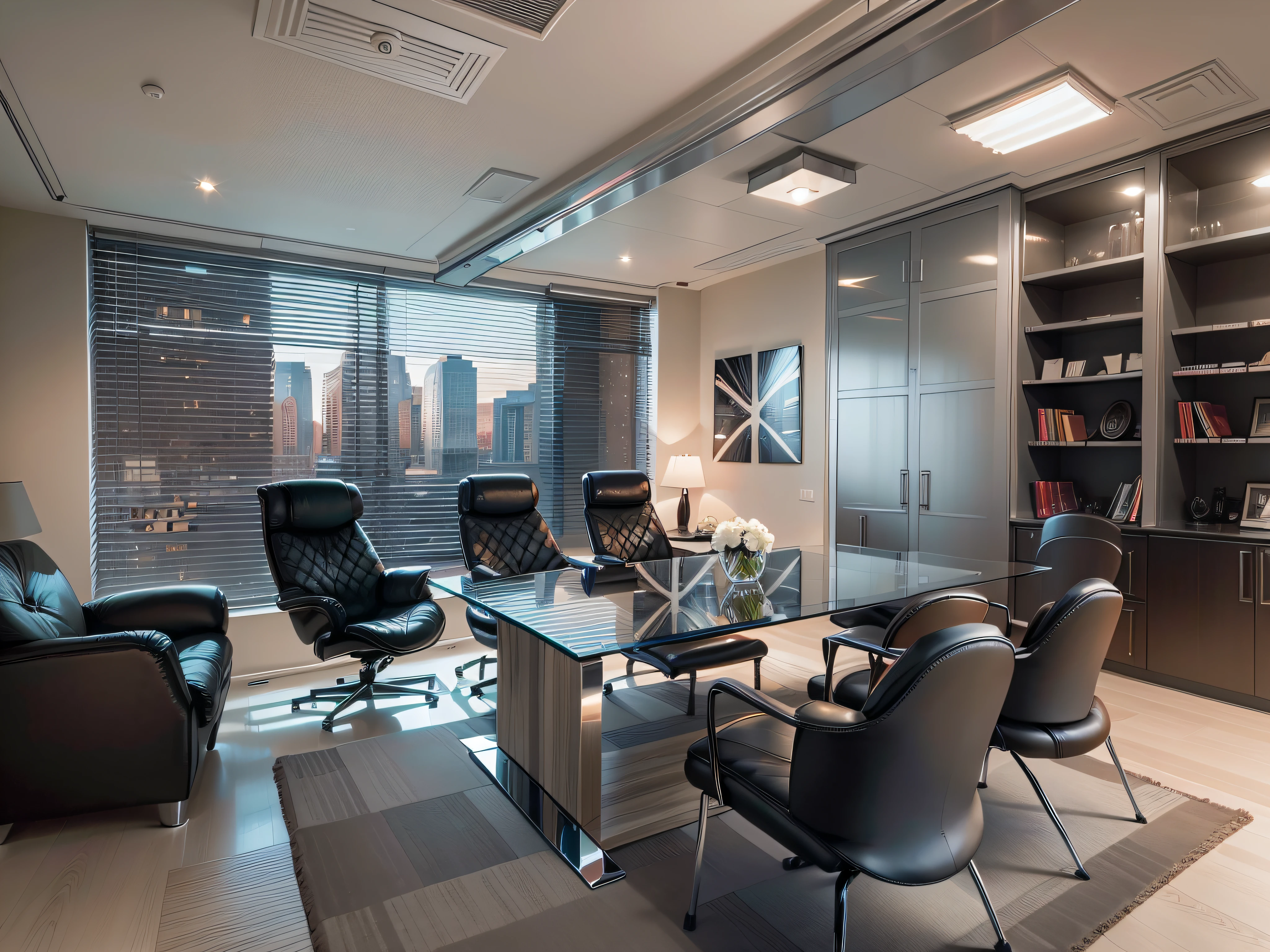 The law firm features contemporary design furniture, including armchairs upholstered in black and gray leather, tempered glass coffee tables with chrome bases, a solid wood meeting table with black leather chairs, and a built-in bookcase with brown leather bound legal books.