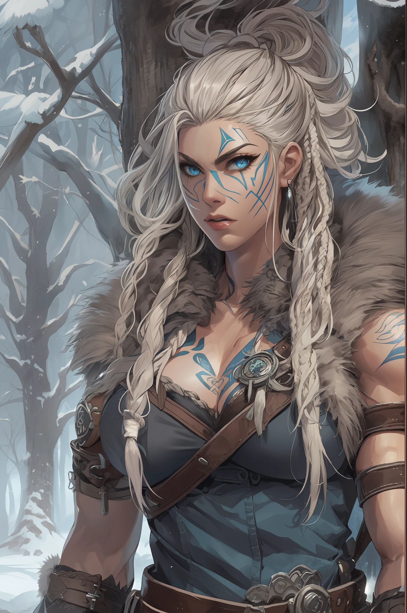 Female viking, (young:1.2), (muscular:1.2), fit, wearing brown furs and hides, (wearing furs:1.3) (blue norse tattoos:1.2), blue eyes, platinum blonde hair, (Dreadlocks:1.4), (Dreads:1.4), (Sideshave:1.4), warrior hair, Setting is a Scandinavian forest in winter, snow, bare arms, exposed naval, (abs:1.2). Highly detailed, norse, berserker, arm muscles, leg muscles, (bulky:1.2), leather straps, (large breasts:1.3), waist up, wide waist, stocky, (tall:1.4), Create an image using a prism effect, with light refracting and creating a colorful, kaleidoscopic appearance. BREAK , Design an image with a fisheye lens effect, capturing a wide field of view with a distinctive, curved perspective. BREAK , Capture a forest path, with towering trees, dappled sunlight, and a sense of tranquility and natural beauty. BREAK , Illustrate a monochromatic world, using only shades of black, white, and gray to convey depth, emotion, and a striking visual impact.