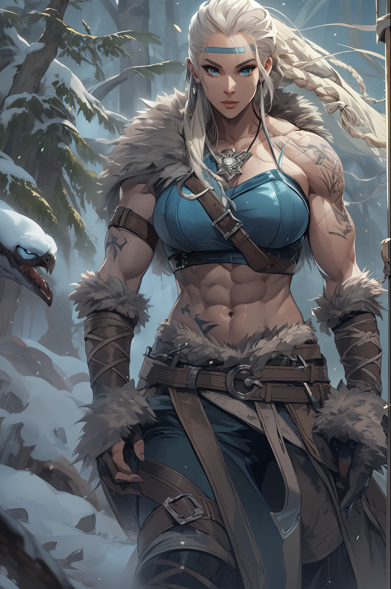 Female viking, (young:1.2), (muscular:1.2), fit, wearing brown furs and hides, (wearing furs:1.3) (blue norse tattoos:1.2), blue eyes, platinum blonde hair, (Dreadlocks:1.4), (Dreads:1.4), (Sideshave:1.4), warrior hair, Setting is a Scandinavian forest in winter, snow, bare arms, exposed naval, (abs:1.2). Highly detailed, norse, berserker, arm muscles, leg muscles, (bulky:1.2), leather straps, (large breasts:1.3), waist up, wide waist, stocky, (tall:1.4), Create an image using a prism effect, with light refracting and creating a colorful, kaleidoscopic appearance. BREAK , Design an image with a fisheye lens effect, capturing a wide field of view with a distinctive, curved perspective. BREAK , Capture a forest path, with towering trees, dappled sunlight, and a sense of tranquility and natural beauty. BREAK , Illustrate a monochromatic world, using only shades of black, white, and gray to convey depth, emotion, and a striking visual impact.