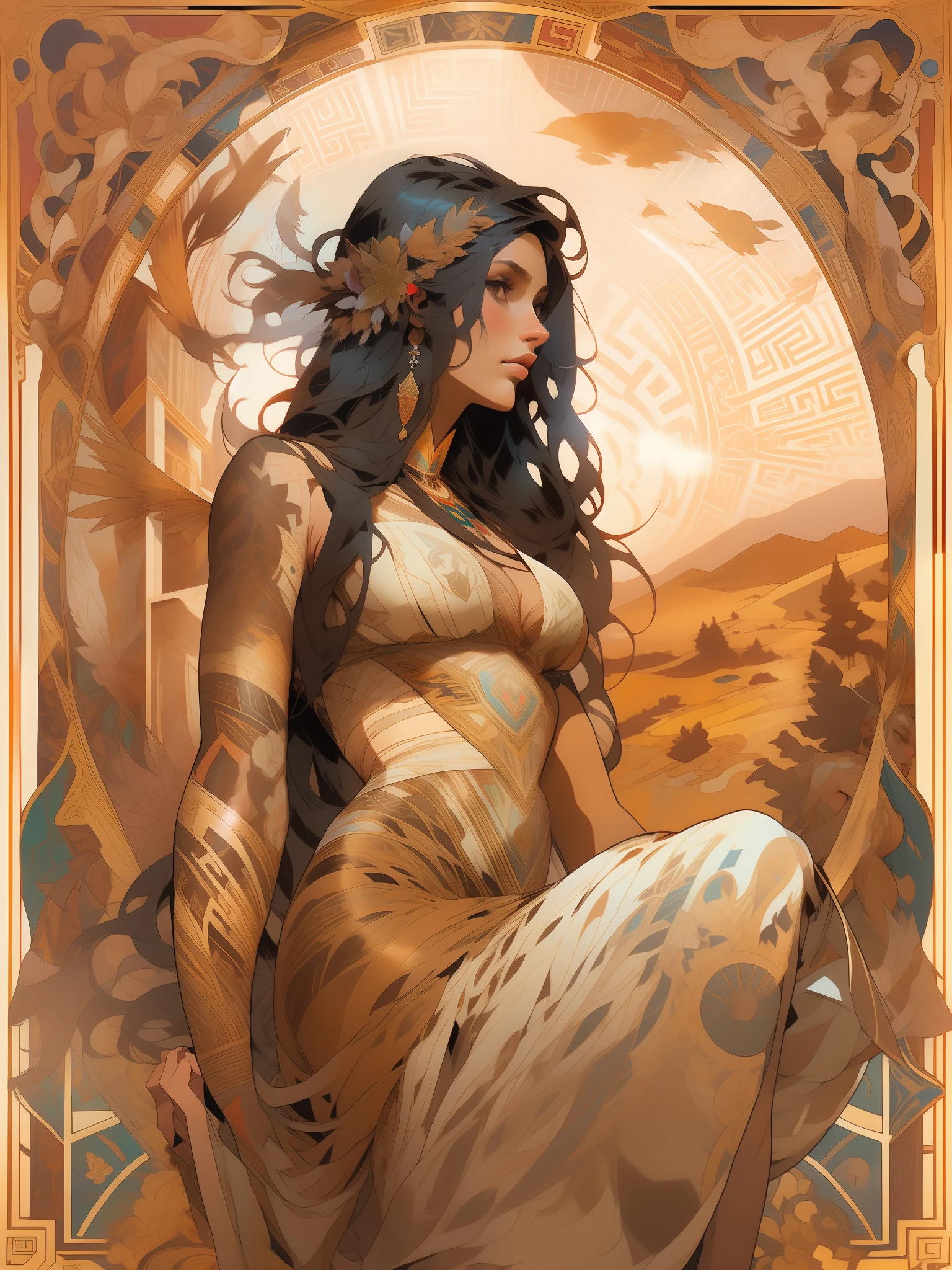 tribal tattoo style,Greece,high quality, body feminine woman,beautiful woman with long black hair,tattoo style,Alphonse Mucha style, caramel fields, obelisk, location white, brown, colors,Fantastic Paintings by Paolo Eleuteri Serpieri ,colors uhd, --ar 3:4 --upbeta --test --creative --upbeta --upbeta --upbeta