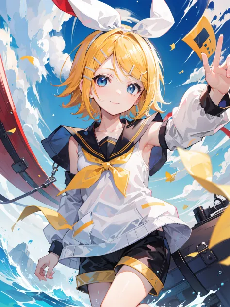 top-quality、super precision、one girl、(kagamine_rin)、blue eyess、shorthair、cute little、natural smile、a sailor suit、short pants、sle...