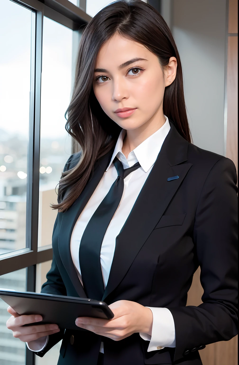 "Imagine Sofia Mendes, the lawyer specializing in Digital Criminal Law, in action! She is depicted in a modern and technologically advanced office, with an elegant glass table and a glass wall with a stunning view of the city in the background. His posture is confident and professional, with a determined expression on his face.

Sofia wears an elegant navy blue suit, conveying authority and professionalism. Your brown hair, perfectly coiffed, reflect the subtle glow of office lights. in her hands, she holds a tablet, symbolizing your connection to the digital world.
