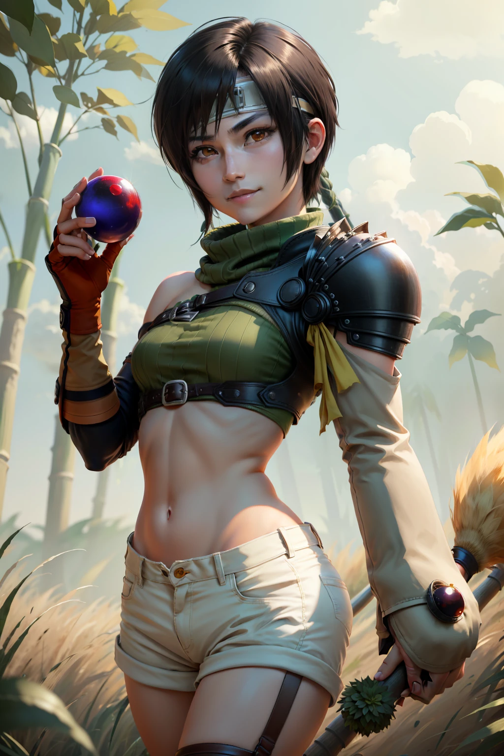 masterpiece, best quality, yuffie kisaragi, headband, shoulder armor, armguard, fingerless gloves, tan shorts, single thighhigh, fishnets, upper body, looking at viewer, furrowed brow, smug smile, closed mouth, grass, bamboo, sky, holding up a small red crystal ball