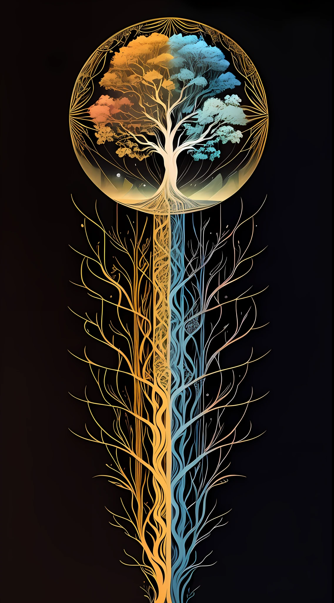 There is a tree，The trunk is long，The trunk is long，The trunk is long，There is a tree inside, Cosmic Tree of Life, simple tree fractal, tree of life inside the ball, cosmic tree, enlightening. Intricate, inspired by Petros Afshar, Tree of Life, coherent symmetrical artwork, A beautiful artwork illustration, Symmetrical digital illustration, The Tree of Life